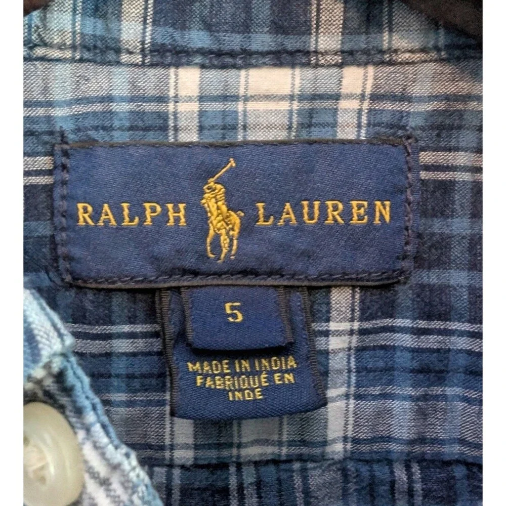 Ralph Lauren Boys 5 Blue Plaid Button Down Short Sleeve Shirt Cotton Kids Preppy